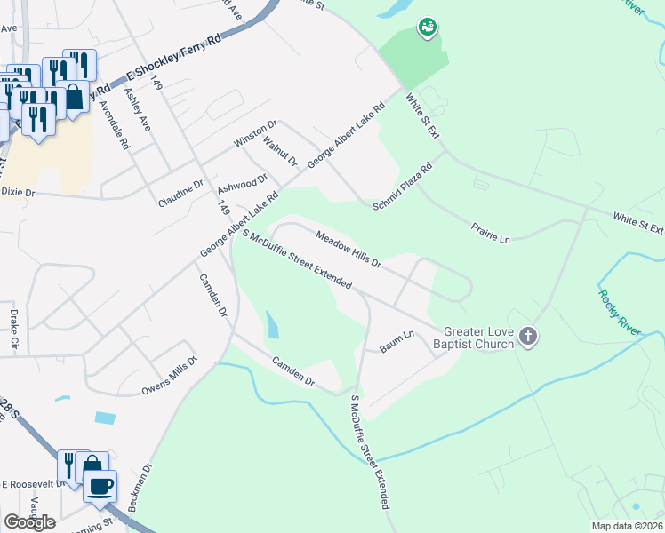 map of restaurants, bars, coffee shops, grocery stores, and more near 2843 South McDuffie Street in Anderson