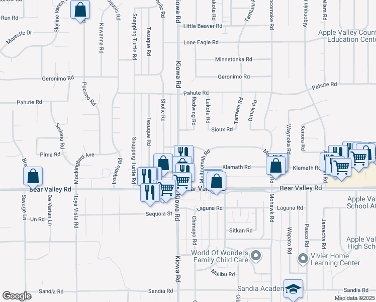 map of restaurants, bars, coffee shops, grocery stores, and more near 20956 Caddo Road in Apple Valley