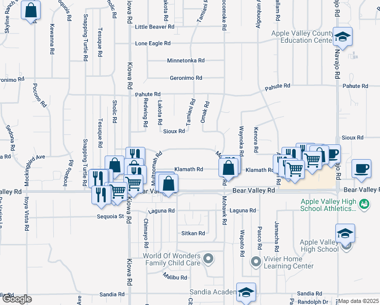 map of restaurants, bars, coffee shops, grocery stores, and more near 21133 Multnomah Road in Apple Valley