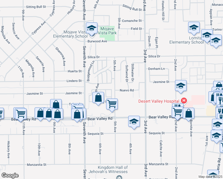 map of restaurants, bars, coffee shops, grocery stores, and more near 12299 Merrod Way in Victorville