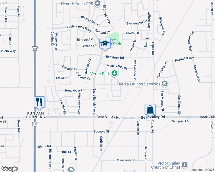map of restaurants, bars, coffee shops, grocery stores, and more near 12591 Loma Verde Drive in Victorville