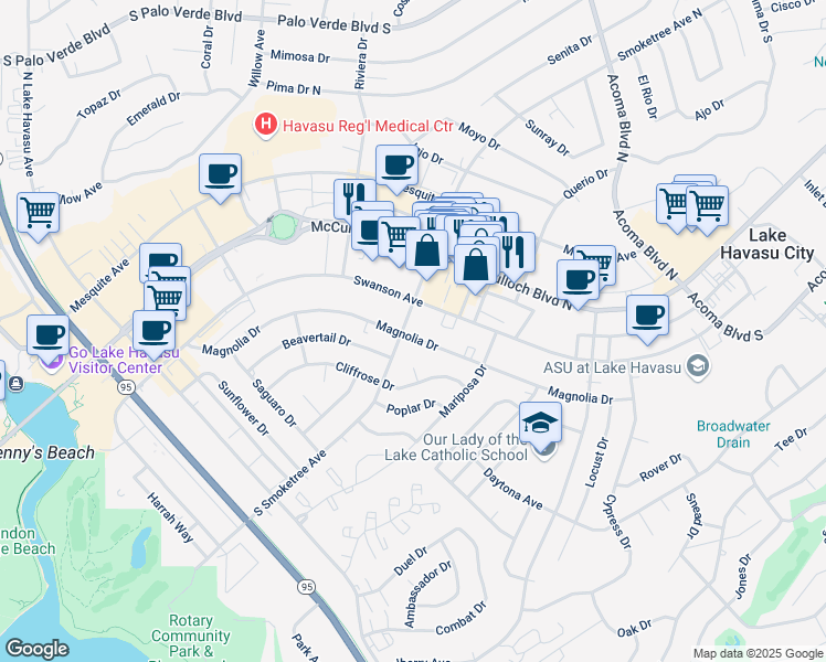 map of restaurants, bars, coffee shops, grocery stores, and more near 90 South Smoketree Avenue in Lake Havasu City