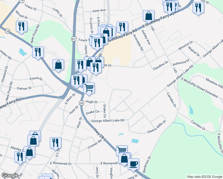 map of restaurants, bars, coffee shops, grocery stores, and more near 734 Woodmont Circle in Anderson