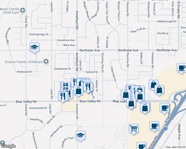 map of restaurants, bars, coffee shops, grocery stores, and more near 13725 Gemini Street in Victorville