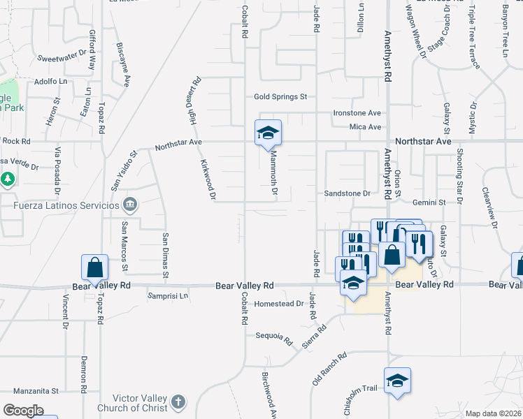 map of restaurants, bars, coffee shops, grocery stores, and more near 13347 Kirkwood Drive in Victorville