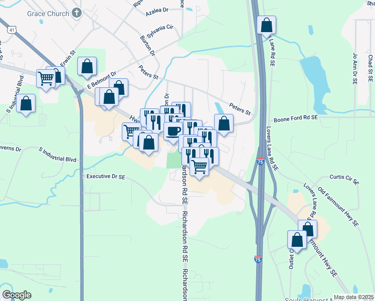 map of restaurants, bars, coffee shops, grocery stores, and more near Richardson Road Southeast in Calhoun
