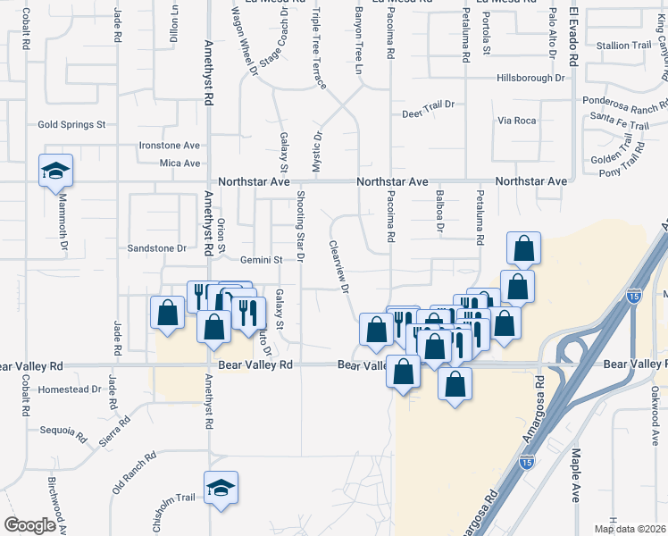 map of restaurants, bars, coffee shops, grocery stores, and more near 12330 Clearview Drive in Victorville