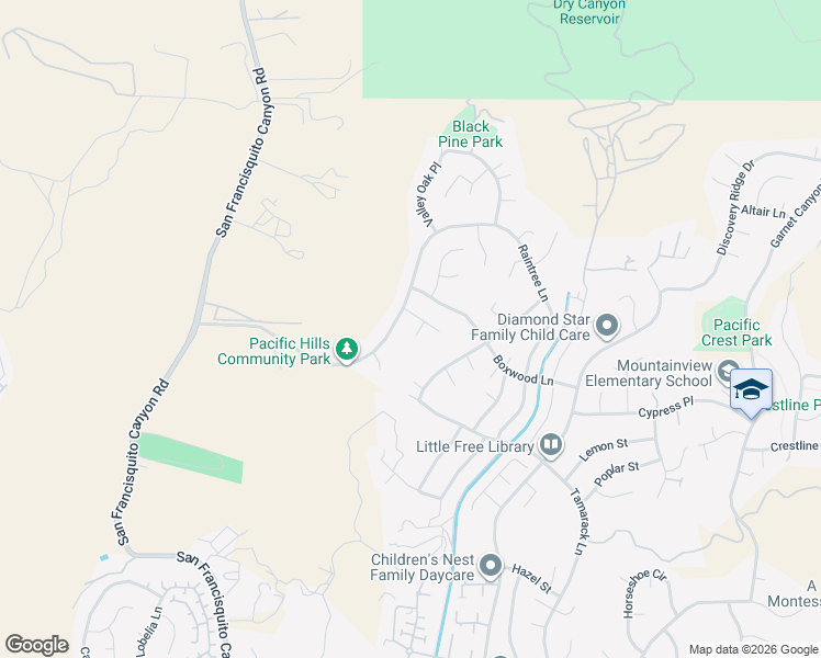 map of restaurants, bars, coffee shops, grocery stores, and more near 23032 Lowridge Place in Santa Clarita