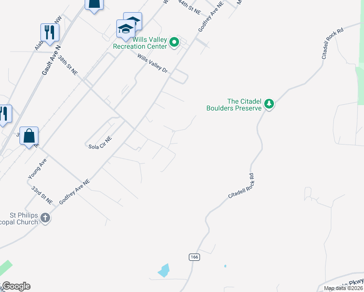 map of restaurants, bars, coffee shops, grocery stores, and more near 506 Tram Road Northeast in Fort Payne