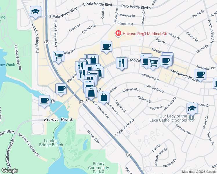 map of restaurants, bars, coffee shops, grocery stores, and more near 1700 Swanson Avenue in Lake Havasu City