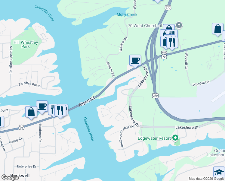 map of restaurants, bars, coffee shops, grocery stores, and more near 1201 Airport Road in Hot Springs