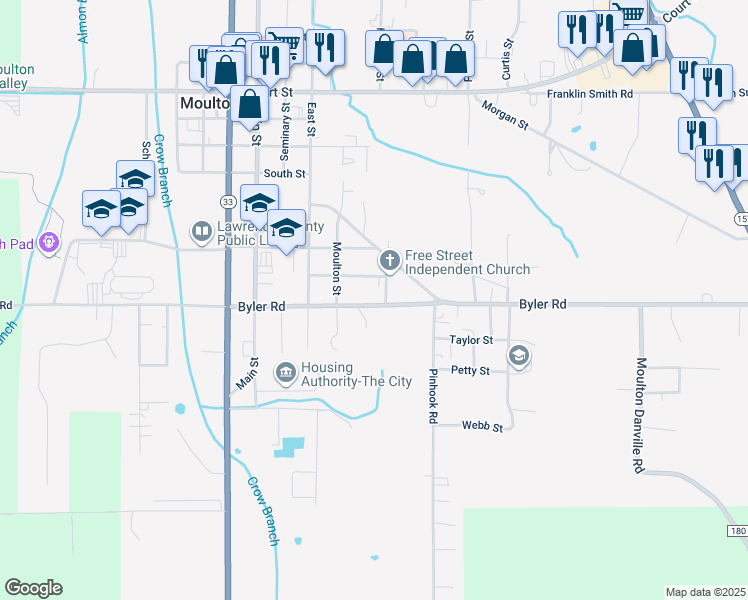 map of restaurants, bars, coffee shops, grocery stores, and more near 2565 Byler Road in Moulton