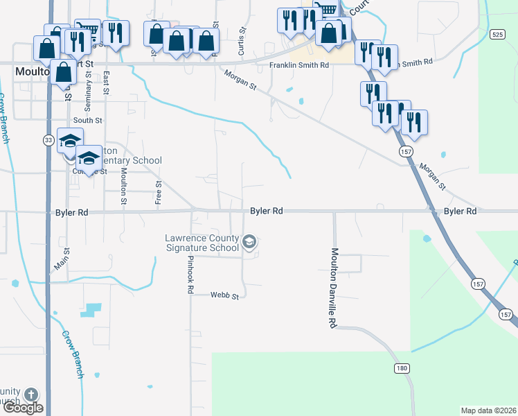map of restaurants, bars, coffee shops, grocery stores, and more near 2975 Byler Road in Moulton