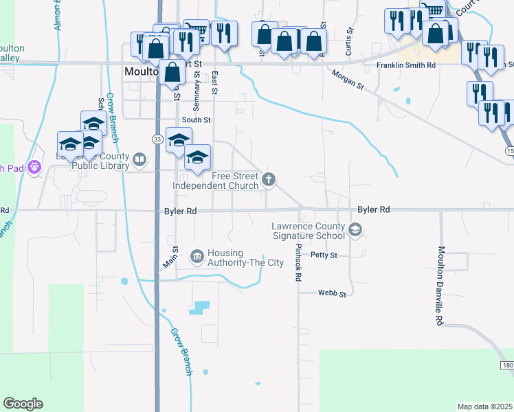 map of restaurants, bars, coffee shops, grocery stores, and more near 2565 Byler Road in Moulton