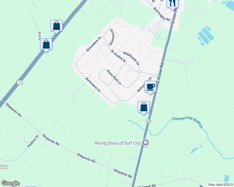 map of restaurants, bars, coffee shops, grocery stores, and more near 208 Red Carnation Drive in Holly Ridge