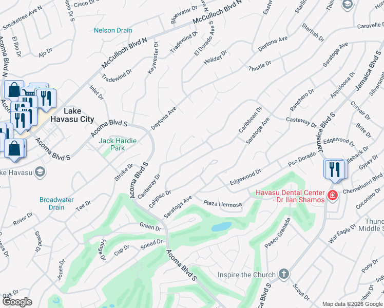 map of restaurants, bars, coffee shops, grocery stores, and more near 2590 Castaway Drive in Lake Havasu City