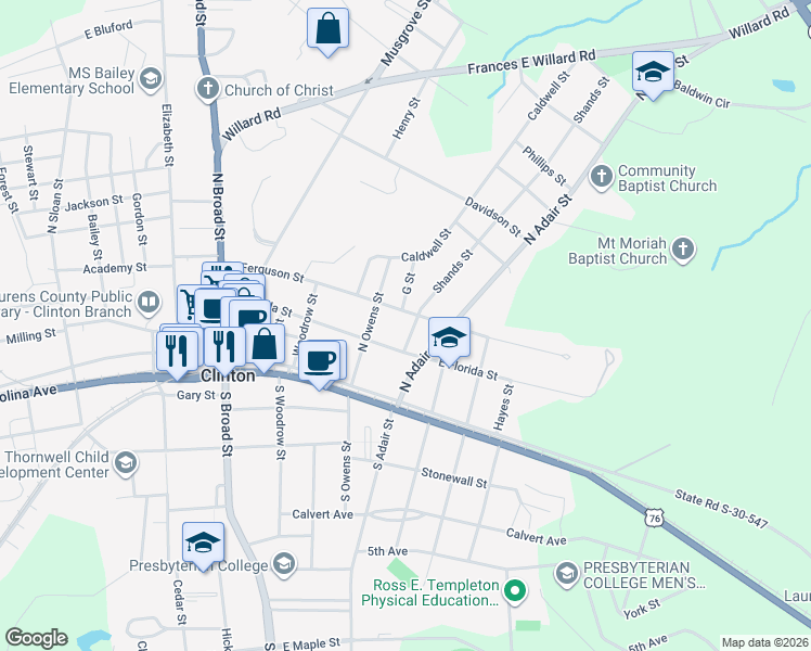 map of restaurants, bars, coffee shops, grocery stores, and more near 500 East Ferguson Street in Clinton