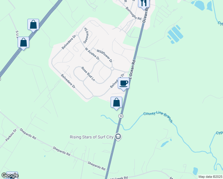map of restaurants, bars, coffee shops, grocery stores, and more near 133 Belvedere Drive in Holly Ridge