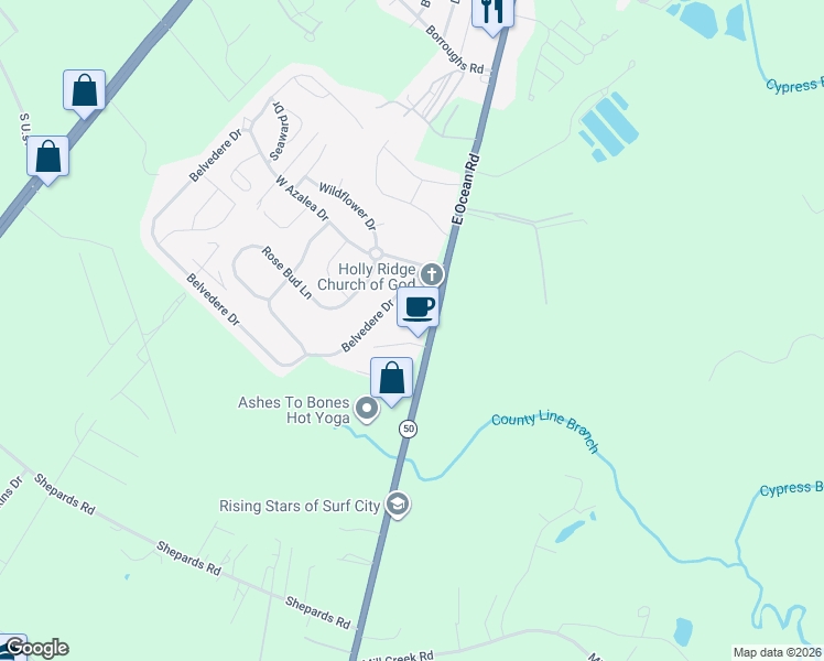 map of restaurants, bars, coffee shops, grocery stores, and more near 1053 Ocean Road in Holly Ridge