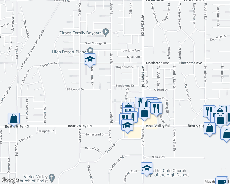 map of restaurants, bars, coffee shops, grocery stores, and more near 12310 Goldstone Circle in Victorville