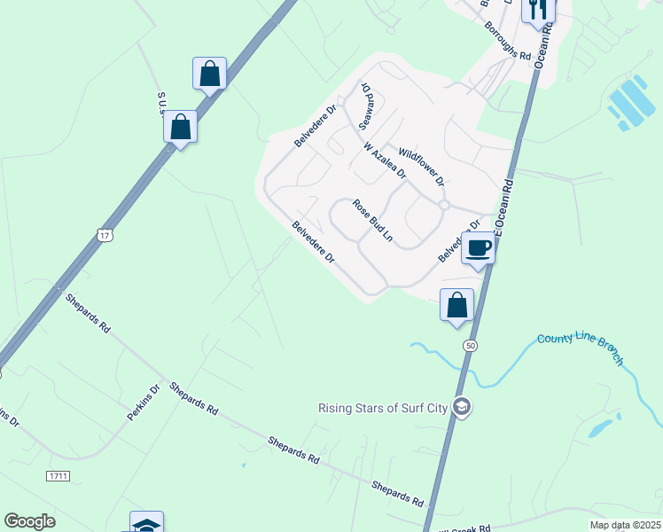 map of restaurants, bars, coffee shops, grocery stores, and more near 223 Belvedere Drive in Holly Ridge