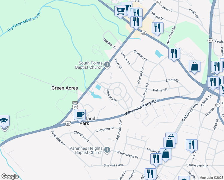 map of restaurants, bars, coffee shops, grocery stores, and more near 170 Lemans Drive in Anderson