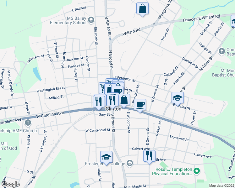 map of restaurants, bars, coffee shops, grocery stores, and more near 208 North Broad Street in Clinton