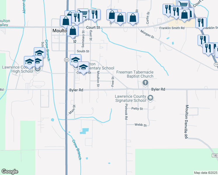 map of restaurants, bars, coffee shops, grocery stores, and more near 2565 Byler Road in Moulton