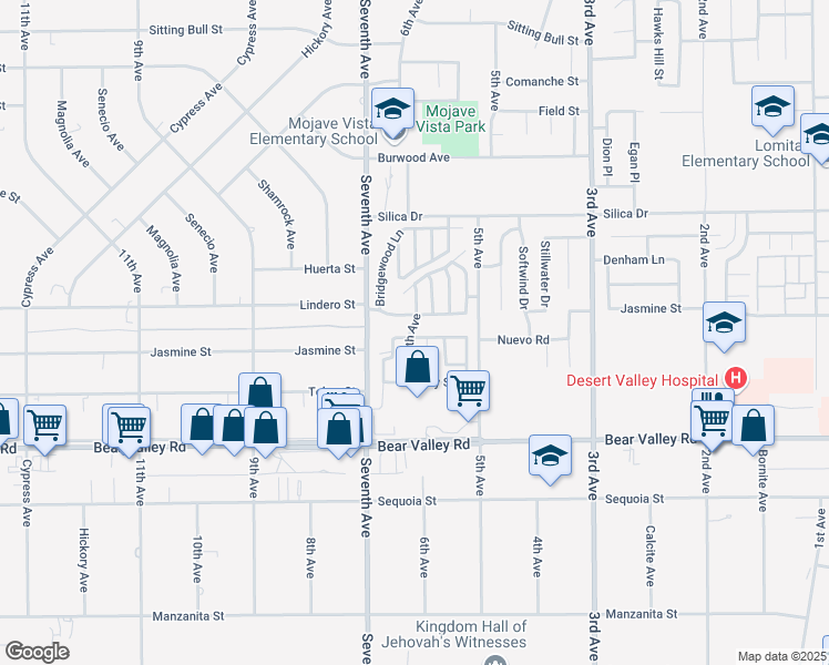 map of restaurants, bars, coffee shops, grocery stores, and more near 16186 Jasmine Street in Victorville