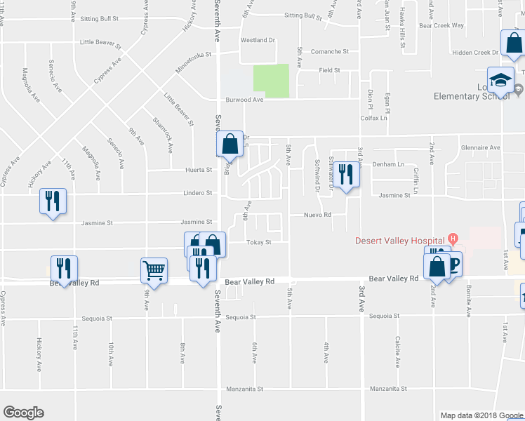 map of restaurants, bars, coffee shops, grocery stores, and more near 16226 Jasmine Street in Victorville