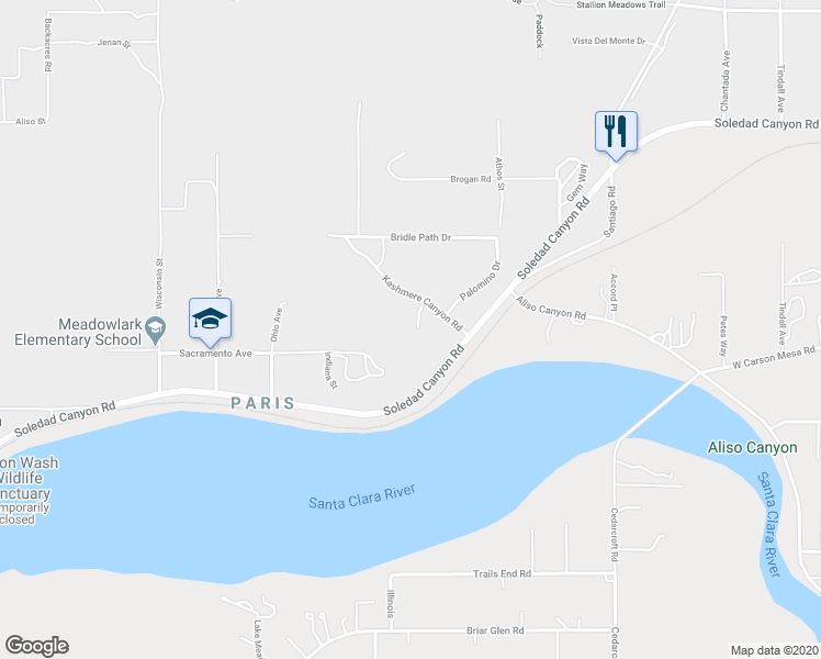 map of restaurants, bars, coffee shops, grocery stores, and more near 32505 Saddle Peak Court in Acton