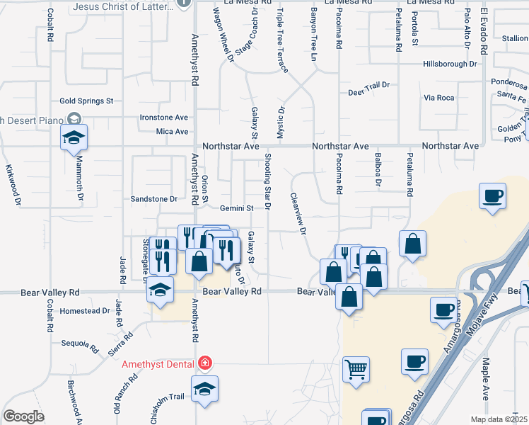 map of restaurants, bars, coffee shops, grocery stores, and more near 13795 Gemini Street in Victorville