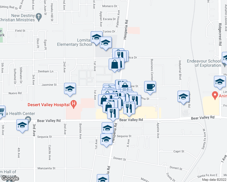 map of restaurants, bars, coffee shops, grocery stores, and more near 12276 Hesperia Road in Victorville