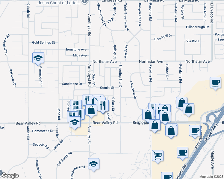 map of restaurants, bars, coffee shops, grocery stores, and more near 13745 Gemini Street in Victorville