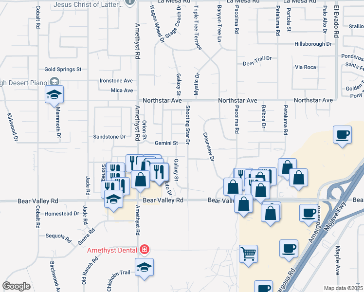 map of restaurants, bars, coffee shops, grocery stores, and more near 13795 Gemini Street in Victorville