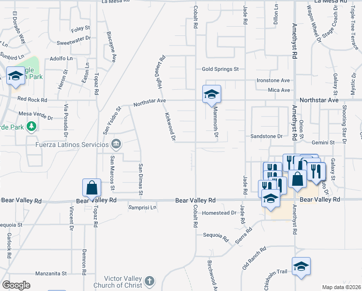 map of restaurants, bars, coffee shops, grocery stores, and more near 13241 Kirkwood Drive in Victorville
