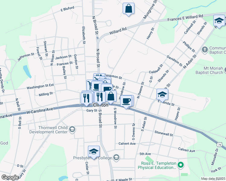 map of restaurants, bars, coffee shops, grocery stores, and more near 113 Enterprise Street in Clinton