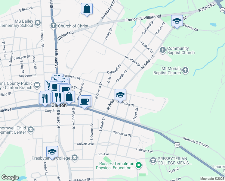 map of restaurants, bars, coffee shops, grocery stores, and more near 500 East Ferguson Street in Clinton