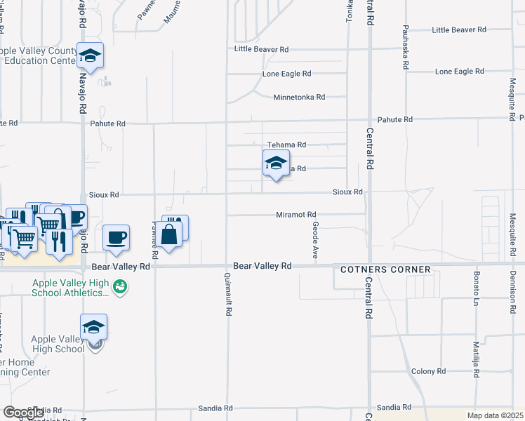 map of restaurants, bars, coffee shops, grocery stores, and more near 22198 Miramot Road in Apple Valley