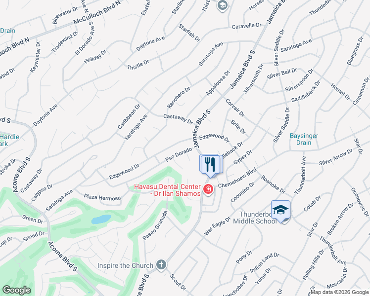 map of restaurants, bars, coffee shops, grocery stores, and more near 2881 Paseo Dorado in Lake Havasu City