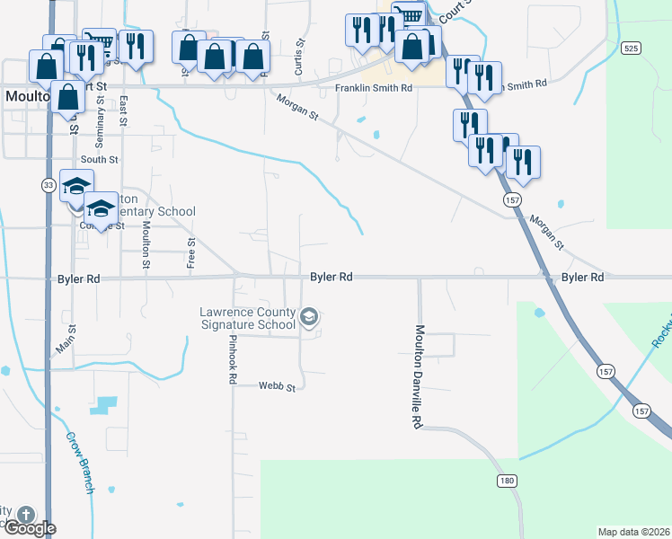 map of restaurants, bars, coffee shops, grocery stores, and more near 2975 Byler Road in Moulton