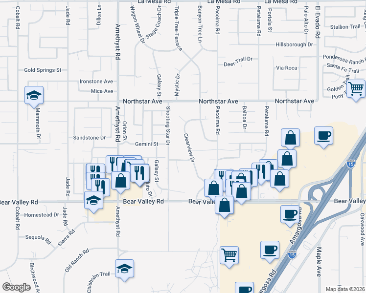 map of restaurants, bars, coffee shops, grocery stores, and more near 12330 Clearview Drive in Victorville