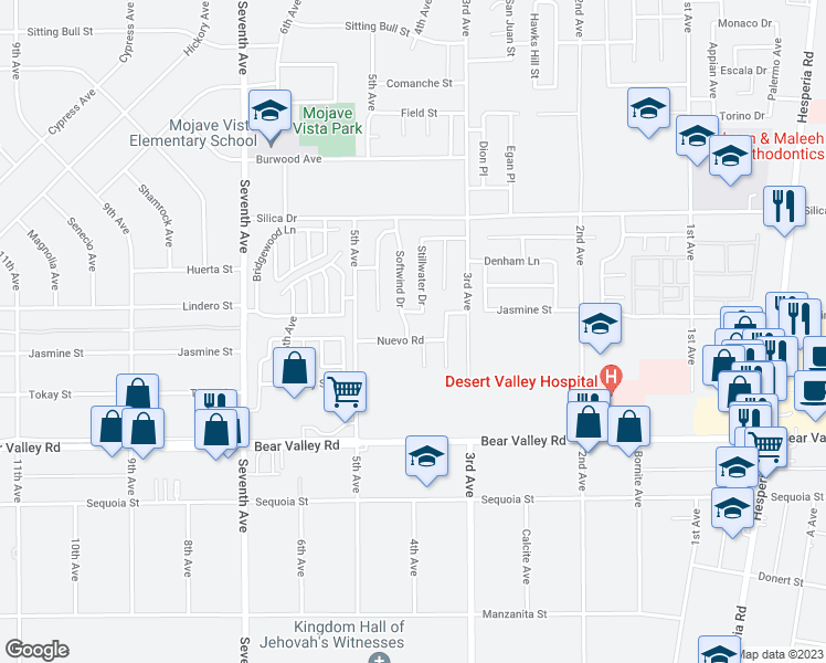map of restaurants, bars, coffee shops, grocery stores, and more near 16400 Nuevo Road in Victorville