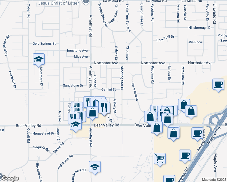 map of restaurants, bars, coffee shops, grocery stores, and more near 13745 Gemini Street in Victorville