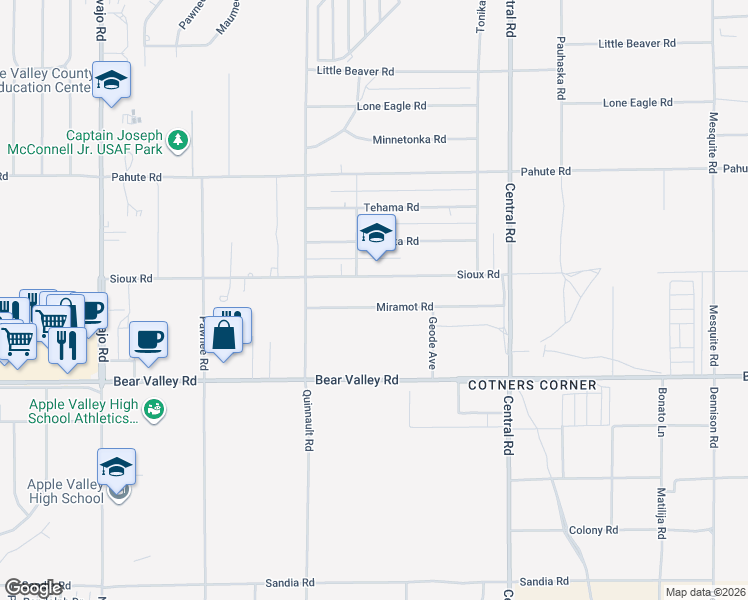 map of restaurants, bars, coffee shops, grocery stores, and more near 22224 Miramot Road in Apple Valley