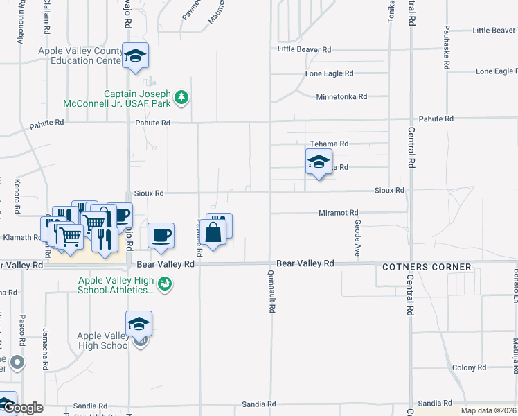 map of restaurants, bars, coffee shops, grocery stores, and more near 12256 Quinnault Road in Apple Valley