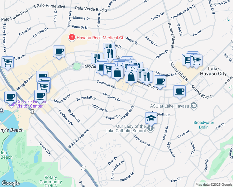 map of restaurants, bars, coffee shops, grocery stores, and more near 90 South Smoketree Avenue in Lake Havasu City