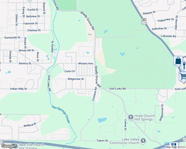 map of restaurants, bars, coffee shops, grocery stores, and more near 1 Kings Row in Hot Springs