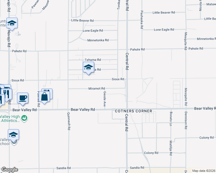 map of restaurants, bars, coffee shops, grocery stores, and more near 22370 Miramot Road in Apple Valley