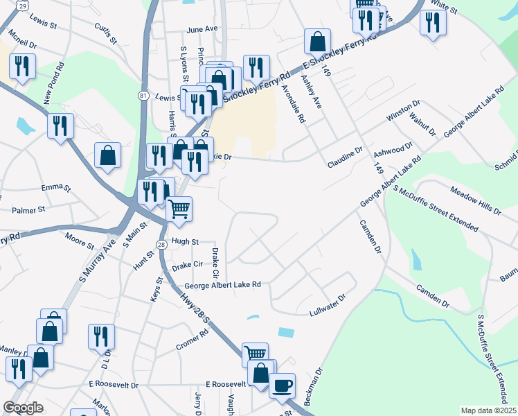 map of restaurants, bars, coffee shops, grocery stores, and more near 722 Woodmont Circle in Anderson